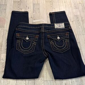 True Religion Dark Blue Boot Cut Jeans with Signature Back Pockets